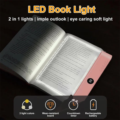 LED Book Light, Dimmable LED Reading Light 3 Color Flat Book Lamp for Reading, Rechargeable Full Page Light , Bookmark Light