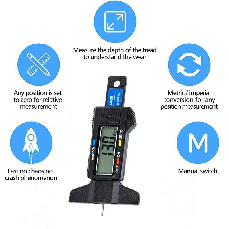 Tire Tread Depth Gauge with Digital LCD Display, Widely Applicable Tire Depth Measuring Tools for Various Vehicles, Test Gauge Set